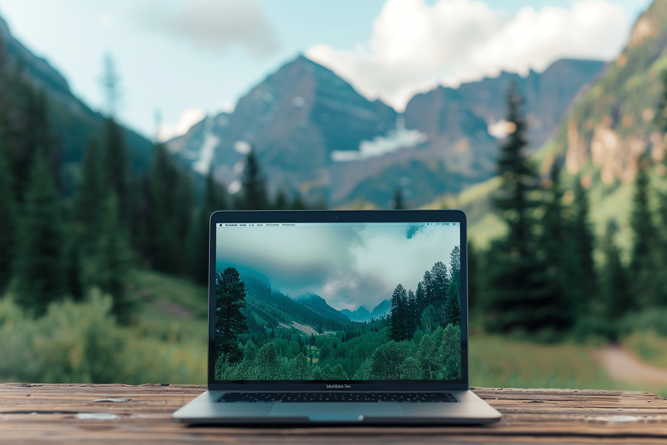 Laptop op een houten tafel in een bergachtige omgeving, met een serene afbeelding op het scherm die symbool staat voor de eenvoud van het bouwen van een website. De foto illustreert "wat kost een eenvoudige website" door de combinatie van een helder, minimalistisch ontwerp en een natuurlijke achtergrond.